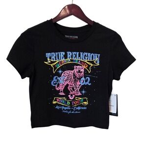 NWT True Religion Crystal Leopard Baby Tee Black Short Sleeve Crop Top Medium